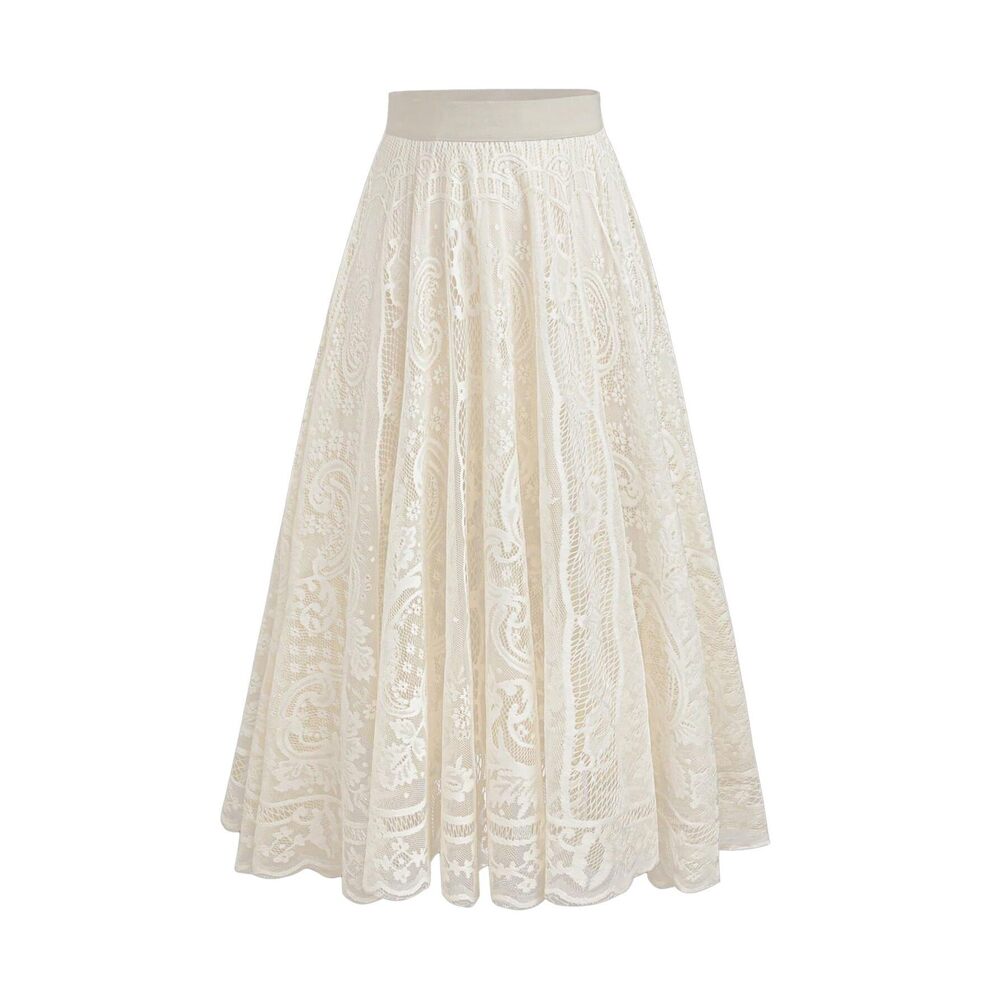 9167 Plus Size Lace Long Skirts Elastic A Line Flowy Skirt Renaissance Maxi